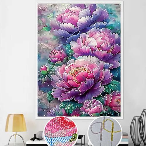 Taxpy DIY Kreuzstichset Mit Perlen Fantasie-Pfingstrosen-Blumen-Perlenstickerei-Set，Bunte Blumen，Perlen-Kreuzstich，Perlenstickerei，Diy-Wandbehang，3D-Perlen-Set 50x70cm von Taxpy