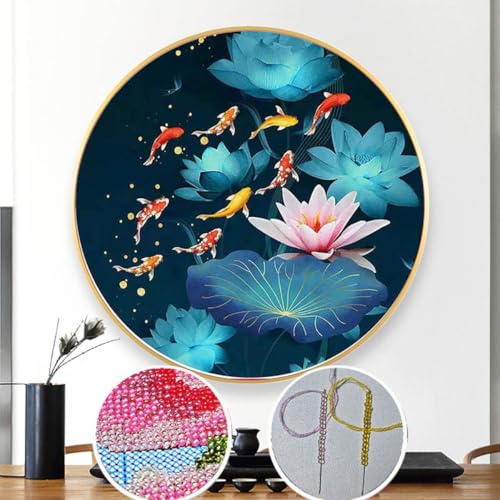 Taxpy DIY Kreuzstichset Mit Perlen Karpfen- Und Lotus-Perlenstickerei-Sets Fantasielandschaft DIY Perlenstickerei-Sets Perlenset Basteln Perlenstickerei-Set Home Decor 60x60cm von Taxpy