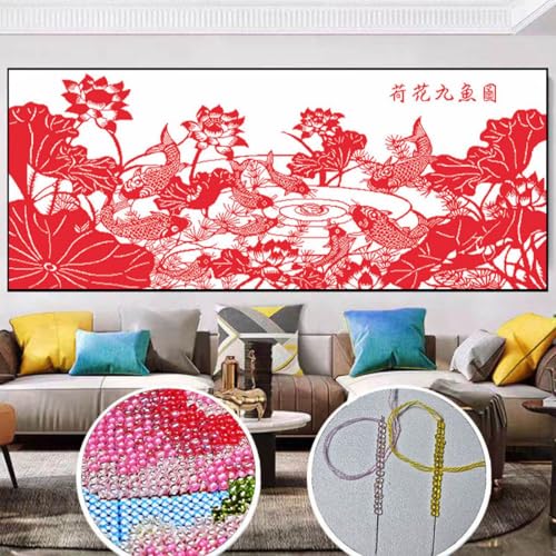 Taxpy DIY Kreuzstichset Mit Perlen Lotus- Und Karpfen-Perlenstickerei-Set，Papierschnittmuster，Perlen-Kreuzstich，Perlenstickerei，Diy-Wandbehang，3D-Perlen-Set 180x70cm von Taxpy