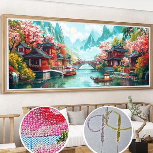 Taxpy DIY Kreuzstichset Mit Perlen Perlenstickerei-Set Für Berge，Flüsse Und Seen，Anime-Landschaft，Diy-Perlenstickerei-Bastelset Für Anfänger，Kreuzstich-Handarbeitsset 100x40cm von Taxpy