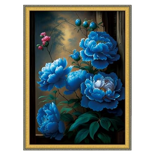 Taxpy DIY Kreuzstichset Mit Perlen Perlenstickerei-Set Mit Blauen Pfingstrosen，Fantasieblumen，Kreuzstich-Set Mit Perlenmuster，Handarbeit，Stickset 59x83cm von Taxpy