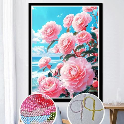 Taxpy DIY Kreuzstichset Mit Perlen Perlenstickerei-Set Mit Blumen Am Meer，Rosa Blumen，Kreuzstich-Stickerei Mit Rocailles-Perlen，Nadelstich-Stickerei，Handarbeit 30x40cm von Taxpy