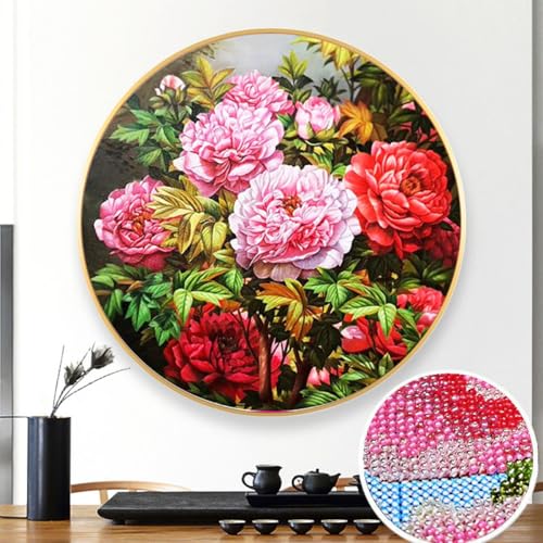 Taxpy DIY Kreuzstichset Mit Perlen Perlenstickerei-Set Mit Roten Pfingstrosenblüten，Bunte Blumen，Kreuzstich-Stickerei Mit Perlen，Handarbeitsset，Nadelkunst-Dekor 60x60cm von Taxpy