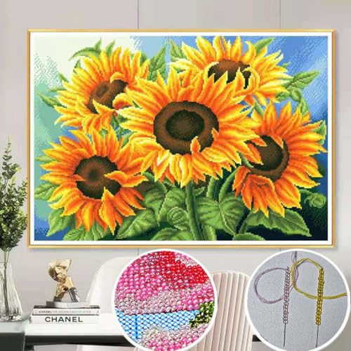 Taxpy DIY Kreuzstichset Mit Perlen Sonnenblumen-Blumen-Perlenstickerei-Sets Fantasie-Blumen-Perlenstickerei Nadelspitzen-Set Damen-Stickwerkzeuge Hobby-Kreuzstich-Sets 50x60cm von Taxpy