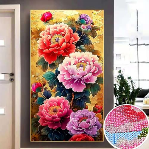 Taxpy DIY Perlenstickerei Set Bunte Pfingstrosenblumen Perlenstickerei-Sets Fantasieblumen DIY Perlenstickerei Materialpaket Handgemachtes Stereoskopisches Foto Ornament Geschenk 40x65cm von Taxpy