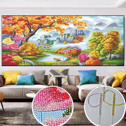 Taxpy DIY Perlenstickerei Set Fantasielandschaft Perlenstickerei-Sets Bunter Blumenbaum Perlenkreuzstich Perlenstickerei DIY Wandbehang 3D Perlenset 100x40cm von Taxpy