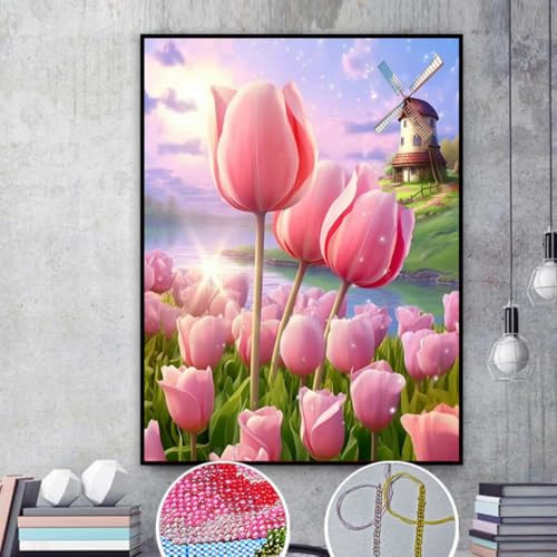 Taxpy DIY Stickbilder Erwachsene Cartoon Landschaft Perlenstickerei Kits Tulpenblumen DIY Perlenstickerei Kits Perlen Set Basteln Perlen Stickset Home Decor 50x62cm von Taxpy