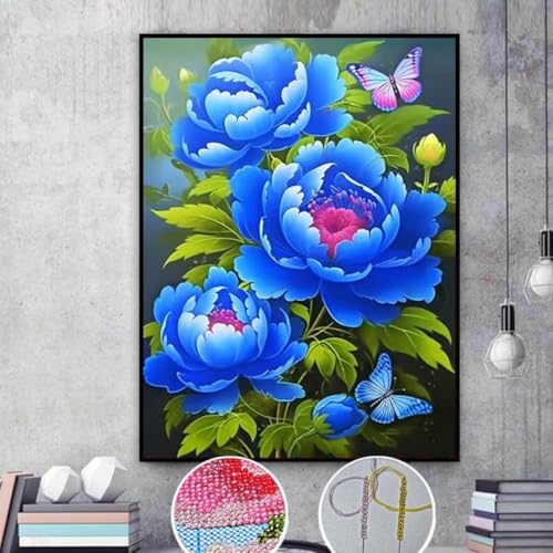 Taxpy DIY Stickbilder Erwachsene Perlenstickerei-Set Mit Blauen Pfingstrosen，Fantasieblumen，Diy-Perlenstickerei-Bastelset Für Anfänger，Kreuzstich-Handarbeitsset 50x70cm von Taxpy