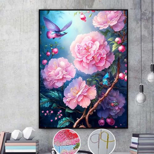 Taxpy DIY Sticken Set Perlenstickerei-Set Mit Rosa Blumen，Fantasieblumen，Mosaikperlen，Stickerei，Handgefertigte Perlen，Kreuzstich-Set，Geschenk Für Freunde 55x70cm von Taxpy