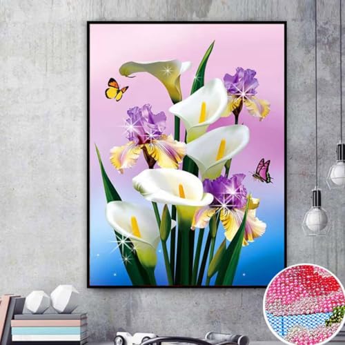 Taxpy DIY Sticken Set Perlenstickerei-Set Mit Weißer Calla-Lilie，Lila Iris，Kreuzstich-Stickerei Mit Rocailles-Perlen，Nadelstich-Handarbeit 50x65cm von Taxpy