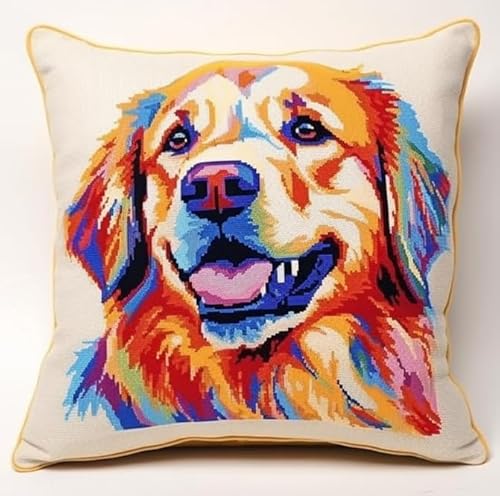 Taxpy DIY knüpfen set erwachsene Buntes Golden Retriever Tier Knüpfset, Kissen, bedrucktes Kissen, Häkelgarn, Stickerei, Handarbeiten 17x17in B von Taxpy