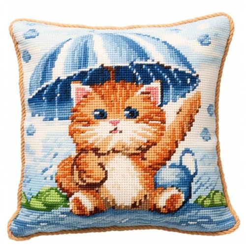 Taxpy DIY knüpfkissen mit vordruck Katze mit Regenschirm, DIY Knüpf-Sets, 3D-Kissen-Materialpaket, Knüpf-Stick-Sets 17x17in B von Taxpy