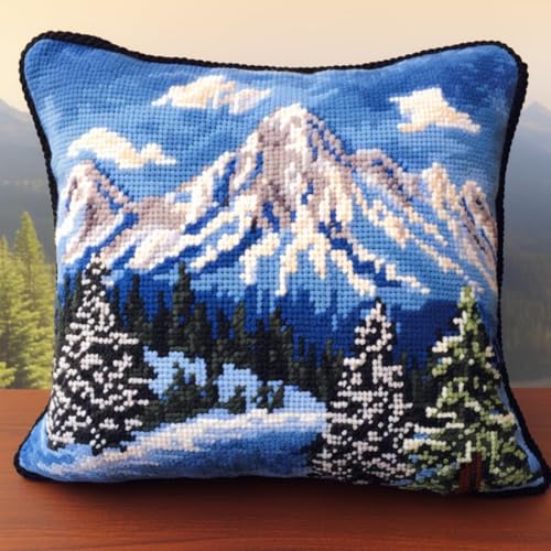 Taxpy Diy Knüpfen Set Schnee Berg Wald Landschaft Riegel Haken Kissen Kit Anf?nger Erwachsene Kinder Geschenk Stickerei Home Dekoration 17X17In B von Taxpy