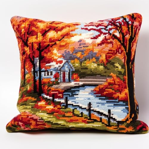 Taxpy Diy Knüpfkissen Mit Vordruck Herbst-Waldhütte Anf?nger-Klinkenhaken-Kits，Stickerei Handwerk Kissenbezug Verschluss Haken Kissenbezug 17X17In B von Taxpy