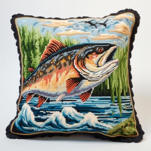 Taxpy Diy Knüpfkissen Set Fisch Und Landschaft Geh?keltes Geschenk Tier Kreuzstich Sofa Kissenbezug Werkzeug Für Kinder Und Erwachsene 17X17In B von Taxpy