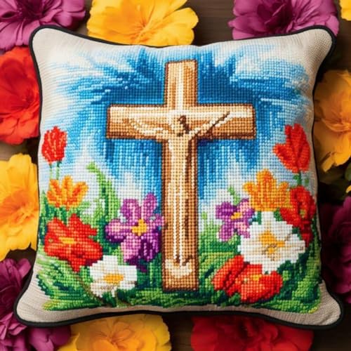 Taxpy Diy Knüpfkissen Set Kreuz Und Blumen Diy-Kissenbezug，Sofakissenbezug Mit Bedruckter Leinwand Für Anf?nger Kinder Erwachsene 17X17In B von Taxpy