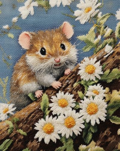 Taxpy Diy Kreuzstichset Mit Perlen Perlenstickerei-Set Mit Maus Und Blumen,Cartoon-Tiere,Diy-Perlenstickerei,Gestempelte Perlen,Kreuzstich-Set,Geschenk Für Freunde 40x50cm von Taxpy