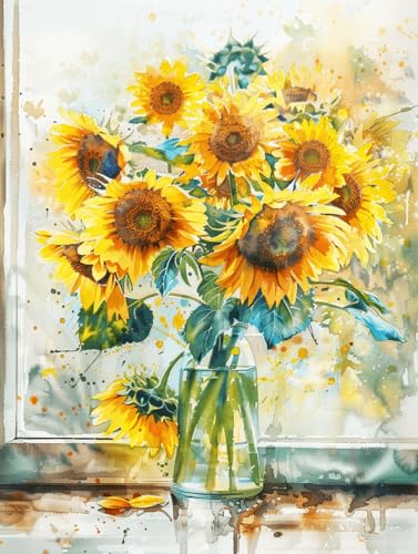 Taxpy Diy Perlenstickerei Set Sonnenblumen In Einer Vase Perlenstickerei-Sets Aquarellblumen Diy Perlennadelspitze Perlenstickerei Kreuzstich-Sets Sticksets 50x70cm von Taxpy