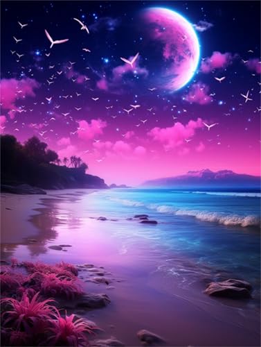 Taxpy Diy Stickbilder Erwachsene Fantasy Beach Perlenstickerei-Sets Sternenhimmel Mondlandschaft Diy Perlennadelspitze Perlenstickerei Kreuzstich-Sets Sticksets 50x70cm von Taxpy