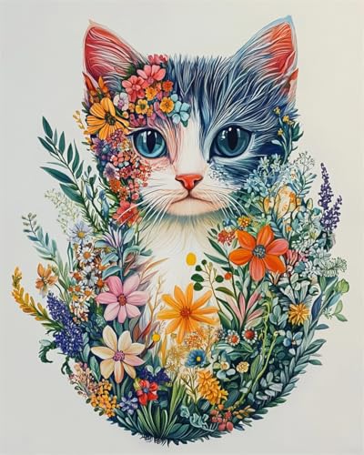 Taxpy Diy Stickbilder Erwachsene Perlenstickerei-Set Mit Katzen Und Blumen,Cartoon-Tiere,Perlen-Kreuzstich,Handstickerei,Handarbeitsset,Nadelkunst-Dekor 50x70cm von Taxpy