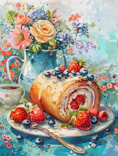 Taxpy Diy Stickbilder Erwachsene Perlenstickerei-Set Mit Obstkuchen,Fantasieblumen,Diy-Perlenstickerei,Gestempelte Perlen,Kreuzstich-Set,Geschenk Für Freunde 50x70cm von Taxpy