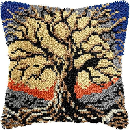 Taxpy Kissenbezüge Knüpfhaken Set mit Kissen, Komplettes Kissenbezug Set für Anfänger, Erwachsene und Kinder, Heimaccessoire, Wandkunst, 43x43cm（Großer Baum von Taxpy