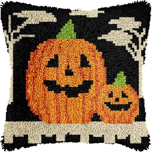 Taxpy Kissenbezug DIY Knüpfkissen Set Kreuzstich Stickerei 43x43cm Selber Machen Set Latch Hook Kit für Kinder und Erwachsene zum Selber Knüpfen（Halloween-Serie von Taxpy