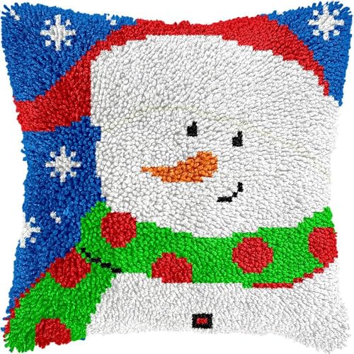 Taxpy Kissenbezug DIY Knüpfkissen Set Kreuzstich Stickerei 43x43cm Selber Machen Set Latch Hook Kit für Kinder und Erwachsene zum Selber Knüpfen（Süßer Schneemann von Taxpy