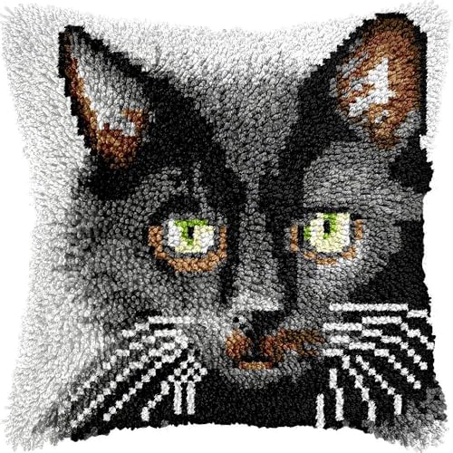 Taxpy Knüpfhaken-Set für Erwachsene, Anfänger, Überwurf-Kissenbezug, Sofakissenbezug, Stickset, Kreuzstich, 43x43cm（Süße Katze von Taxpy