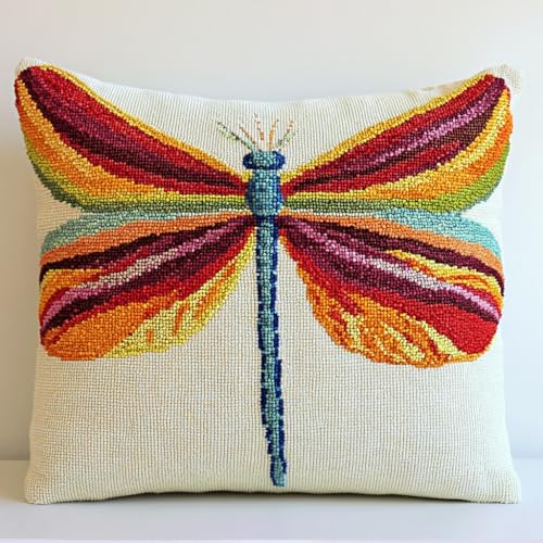 Taxpy Knüpfhaken-Set mit Kissen, Bunte Libelle Kissenbezug-Set mit ausreichend Wolle für Anfänger, Erwachsene, Heimaccessoire, Wandkunst, 43x43cm von Taxpy