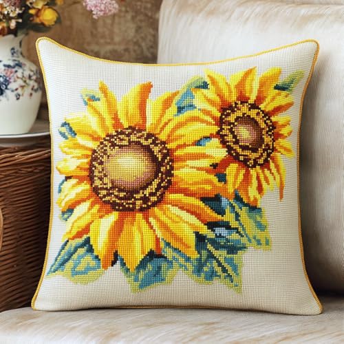 Taxpy Knüpfhaken-Set mit Kissen, Sonnenblume Kissenbezug-Set mit ausreichend Wolle für Anfänger, Erwachsene, Heimaccessoire, Wandkunst, 43x43cm von Taxpy