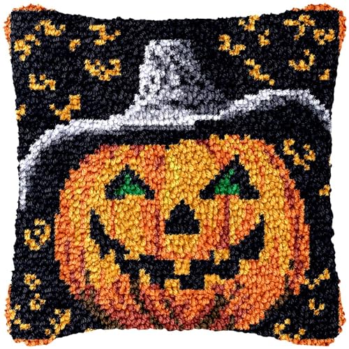 Taxpy Knüpfkissen Set, Latch Hook Kissen Kit für Anfänger Erwachsene zum Selber Knüpfen, DIY Knüpfteppich Knüpfpackung, Kissen Selber Knüpfen Set, 43x43cm(Halloween-Muster,H) von Taxpy