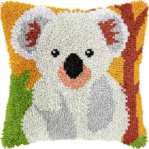 Taxpy Knüpfkissen Set, Latch Hook Kissen Kit für Kinder oder Anfänger Erwachsene zum Selber Knüpfen, DIY Knüpfteppich Knüpfpackung, Knüpfhaken Set 43x43cm（Tierischer Koala von Taxpy