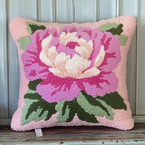 Taxpy Knüpfkissen Set Latch Hook Kissen Kit, Rosa Blüten Knüpfteppich Knüpfpackung Set, Sofa Kissenbezug, DIY Kissen Knüpfset Mit Anleitung 43X43cm von Taxpy