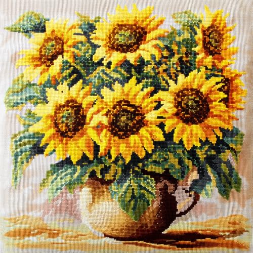 Taxpy Knüpfkissen Set Sonnenblumen in einem Blumentopf mit Knüpfhaken und Toolkit zum Selber Knüpfen Kissens, DIY Kissen Dekokissen, 43x43cm von Taxpy