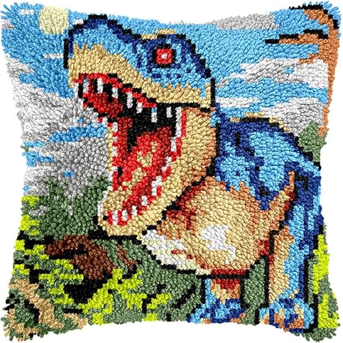 Taxpy Knüpfkissenpackung mit Knüpfhaken Cartoon-Dinosaurier DIY Knüpfteppich Knüpfpackung,Latch Hook Kissen Kit, Kissen Selber Knüpfen Set, 43x43cm von Taxpy