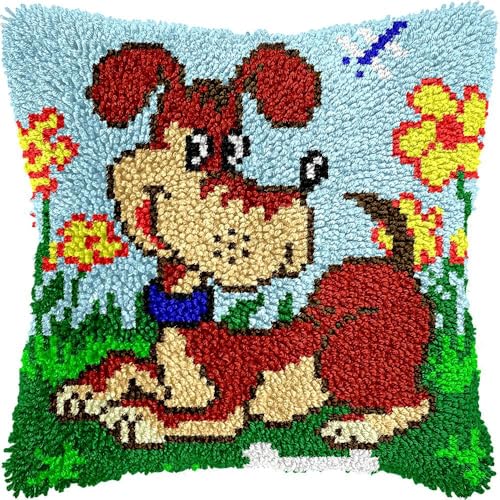 Taxpy Knüpfset Knüpfkissen Zum Selber Knüpfen Knüpfteppich Für Kinder Und Erwachsene Knüpfteppiche Sofakissenbezug Handgechte Kreuzstich Kreativ Set 43x43cm（Tier Hund von Taxpy