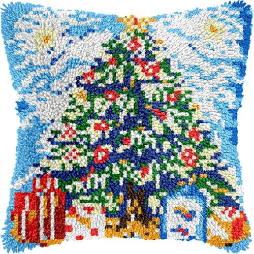 Taxpy Knüpfset Knüpfkissen Zum Selber Knüpfen Knüpfteppich Für Kinder Und Erwachsene Knüpfteppiche Sofakissenbezug Handgechte Kreuzstich Kreativ Set 43x43cm（Weihnachtsbaum von Taxpy