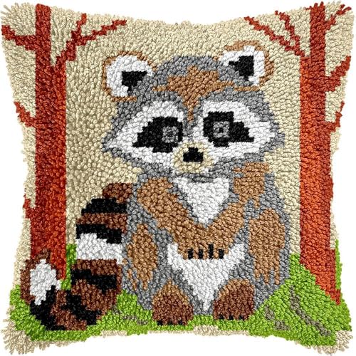 Taxpy Knüpfteppich Zum Selber Knüpf-Sets mit Kissen knüpfen-Set 43x43cm Kissenbezug-Set für Erwachsene und Kinder Latch Hook Kit Heimaccessoire（Tier Waschbär von Taxpy