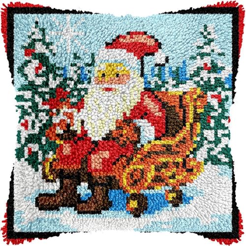 Taxpy Knüpfteppich Zum Selber Knüpf-Sets mit Kissen knüpfen-Set 43x43cm Kissenbezug-Set für Erwachsene und Kinder Latch Hook Kit Heimaccessoire（Weihnachtsmann von Taxpy