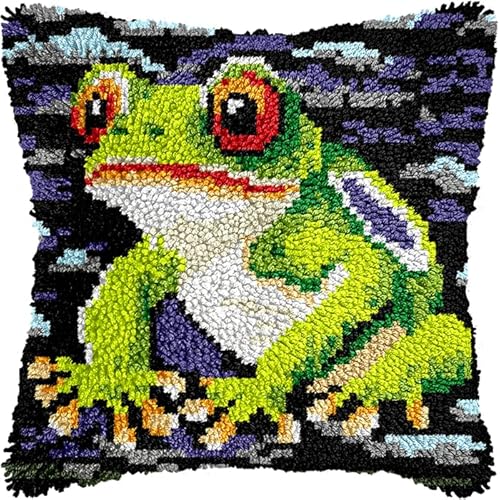 Taxpy Knüpfteppich Zum Selber Knüpf-Setsmit Kissen knüpfen-Set Frosch 43x43cm Kissenbezug-Set für Erwachsene Latch Hook Kit Heimaccessoire, Wandkunst von Taxpy