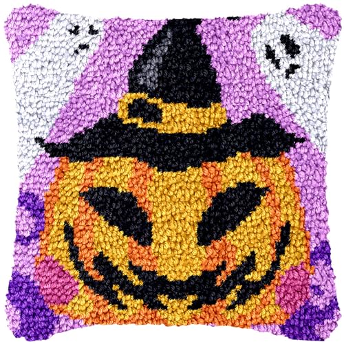 Taxpy Knüpfteppich Zum Selber knüpfen, Knüpfsets 43x43cm Latch Hook Kit Selbst Knüpfen Set für Kinder und Erwachsene(Halloween-Muster,F) von Taxpy