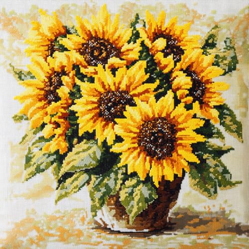 Taxpy Knüpfteppich Zum Selber knüpfen, Sonnenblumen in einem Blumentopf Knüpfsets 43x43cm Latch Hook Kit Selbst Knüpfen Set für Erwachsene von Taxpy