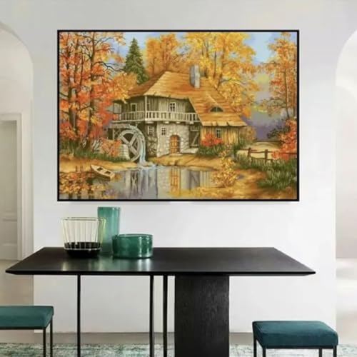 Taxpy Kreuzstich Stickpackungen Vorgedruckt, Herbstliche Villa-Landschaft, 40X50Cm Sticken Set Erwachsene Kreuzstich Bild,Sticken Set Anfänger Für Wandkunst-Heimdekoration von Taxpy