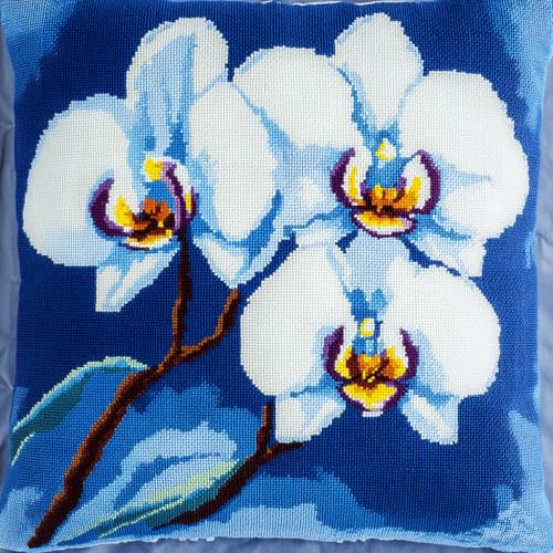 Taxpy Latch Cushion Kits, Weiße Orchideenblüte Kreuzstich Knüpfkissen Latch Hook Cushion Cover Rug Sets with Pre-Printed Color Pattern Handgefertigtes Kissen 43x43cm von Taxpy