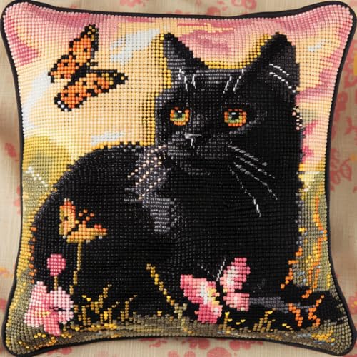 Taxpy Latch Cushion Set, Schwarze Katze Latch Hook Cushion Kit DIY Kreuzstich Knüpfkissen Stickerei Knüpf-Sets Kissen Knüpfen Knotting and Weaving Set 43x43cm von Taxpy