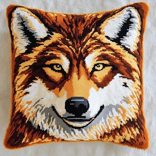 Taxpy Latch Cushion Set, Tierwolf Kreuzstich Knüpfkissen Selber knüpfen Kissen Set,DIY Kissen Knüpfset, Stickerei Knüpf-Sets,Latch Hook Cushion Kit 43x43cm von Taxpy