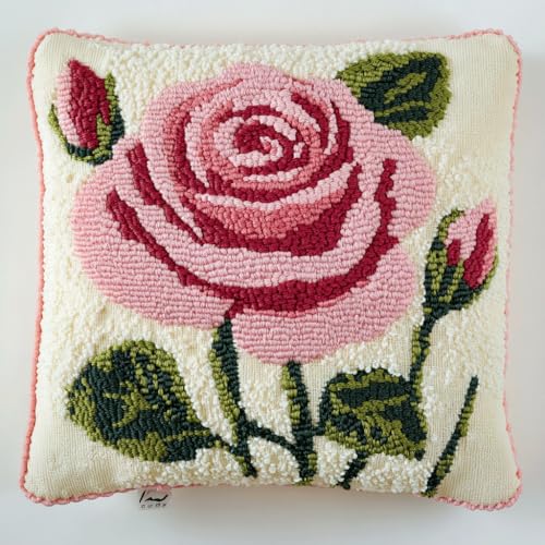 Taxpy Latch Hook Cushion Set, Rosa Blüten Kreuzstich Knüpfkissen, DIY Latch Hook Set, Knüpfteppiche & Knüpfkissen 43x43cm von Taxpy