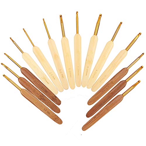 14pcs Bambusgriff Häkelhaken Set, Goldener Kopf, Karbonisierte Stricknadeln für Weben, Perfektes Stricken und Häkelhäfen Häkelhaken von Tbest