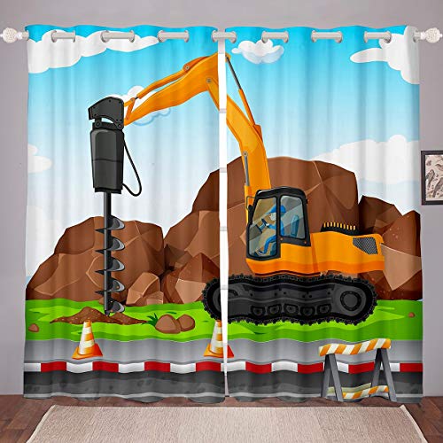 Jungen Auto Vorhänge Bagger Fenstervorhang 175x140cm für Kinder Teenager Karikatur Gelb Bauwagen Blickdichte Vorhänge Fahrzeuge Drucken Raumdekoration von Tbrand